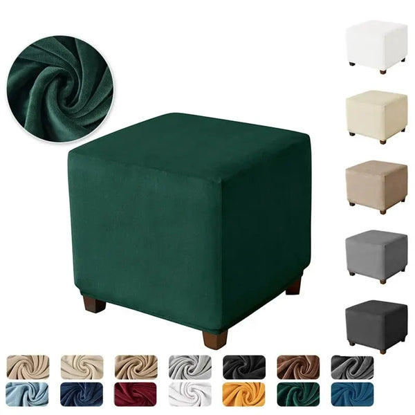 A set of velvet ottoman slipcovers in various shades of green and gray.