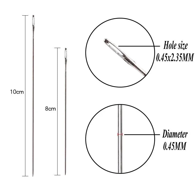 Precision stainless steel beading needles showing various sizes and diameters with magnified views.