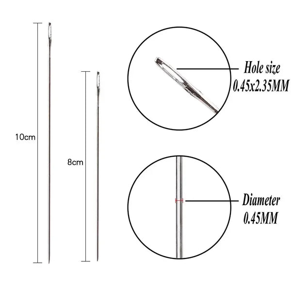 Precision stainless steel beading needles showing various sizes and diameters with magnified views.