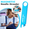 A blue magnetic needle threader is shown next to a woman using it on a sewing machine.