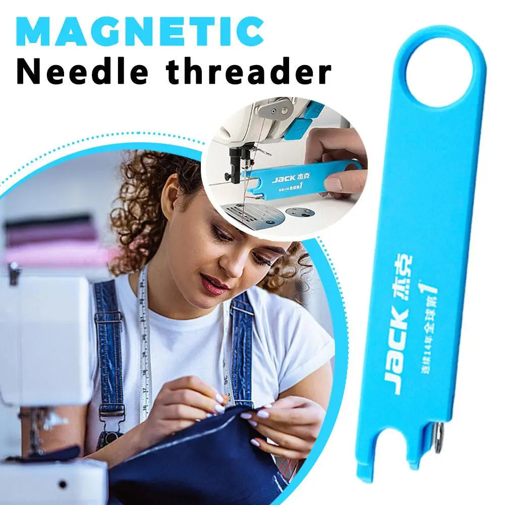 A blue magnetic needle threader is shown next to a woman using it on a sewing machine.