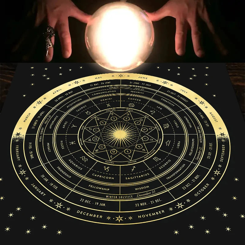 A hand holds a glowing orb above an astrological tarot card tablecloth showing zodiac signs and constellations.
