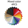 A fan arrangement of nine mixed colored fabric repair patches in various shades of green, blue, red, and yellow.