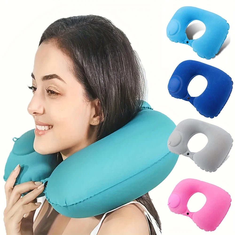 A woman is shown using a light blue inflatable neck pillow for support.