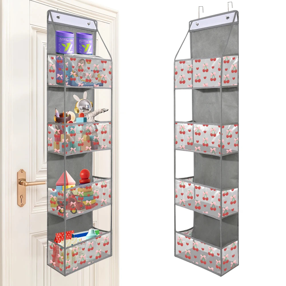 A tall, silver over-the-door storage organizer with multiple compartments for small items like toys and craft supplies.