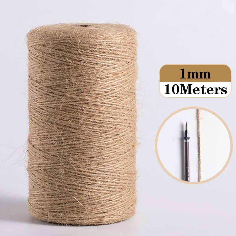 A roll of 1mm natural jute twine measuring 10 meters for crafts and decor.