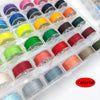 A collection of colorful sewing thread bobbins organized in a clear plastic case.