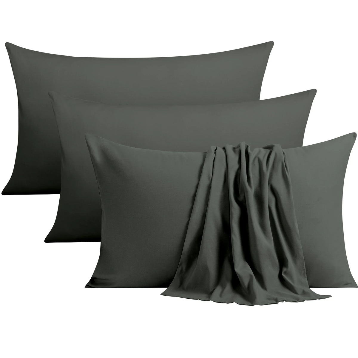 A set of four dark gray microfiber pillow covers stacked and displayed against a white background.