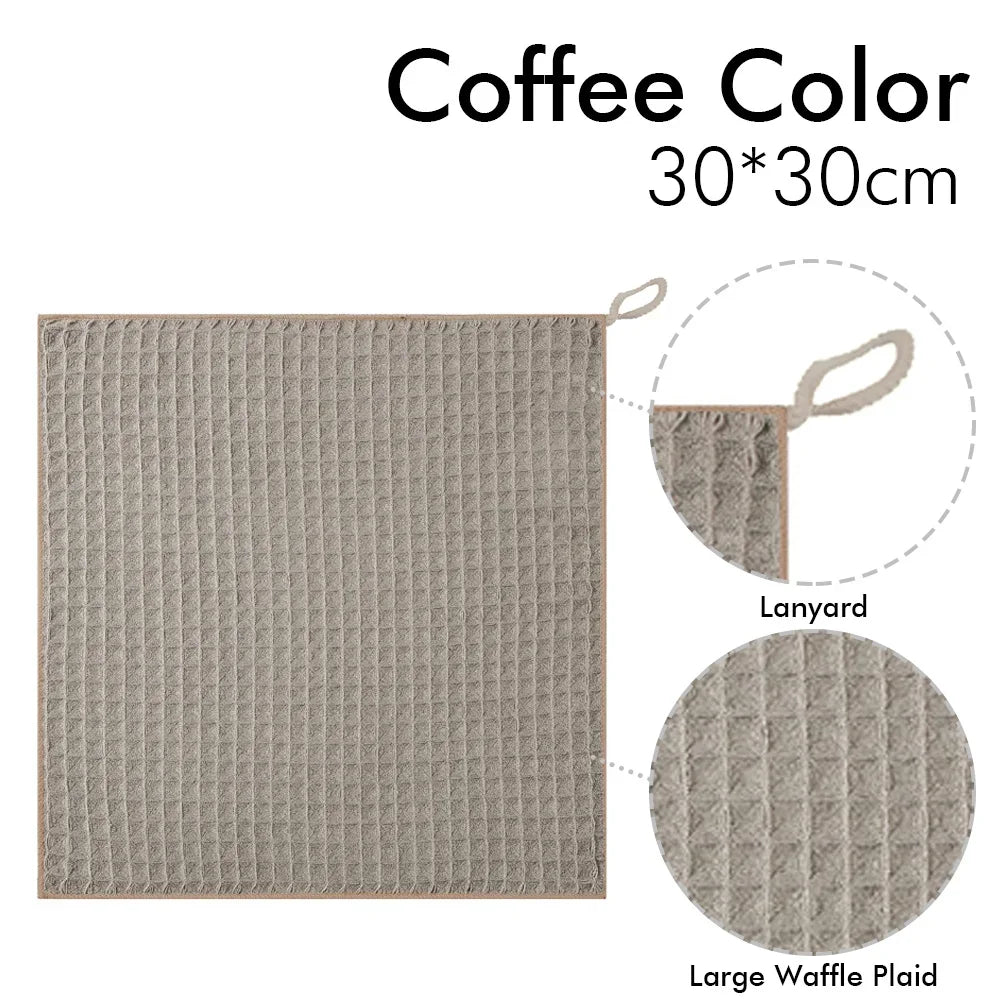Coffee color waffle plaid cleaning towel measuring 30x30cm with a lanyard