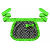 A bright lime green ruffle apron with pockets featuring a black polka dot pattern and a green bow.