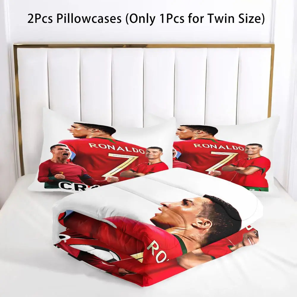 Two red soccer player pillowcases featuring Ronaldo prints displayed on a white bed.