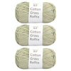 Three skeins of natural cotton grass roving yarn labeled as Rofite