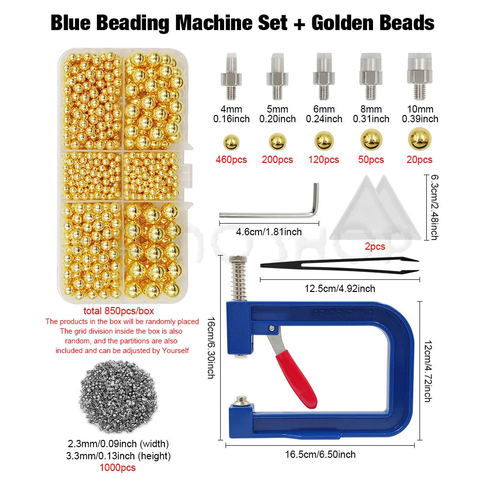 A set of blue beading machine parts and golden beads including various sizes and a bead setting kit.