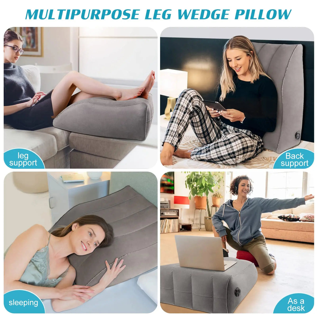 A multipurpose leg wedge pillow shown in various uses including back support, sleeping, and as a desk cushion.