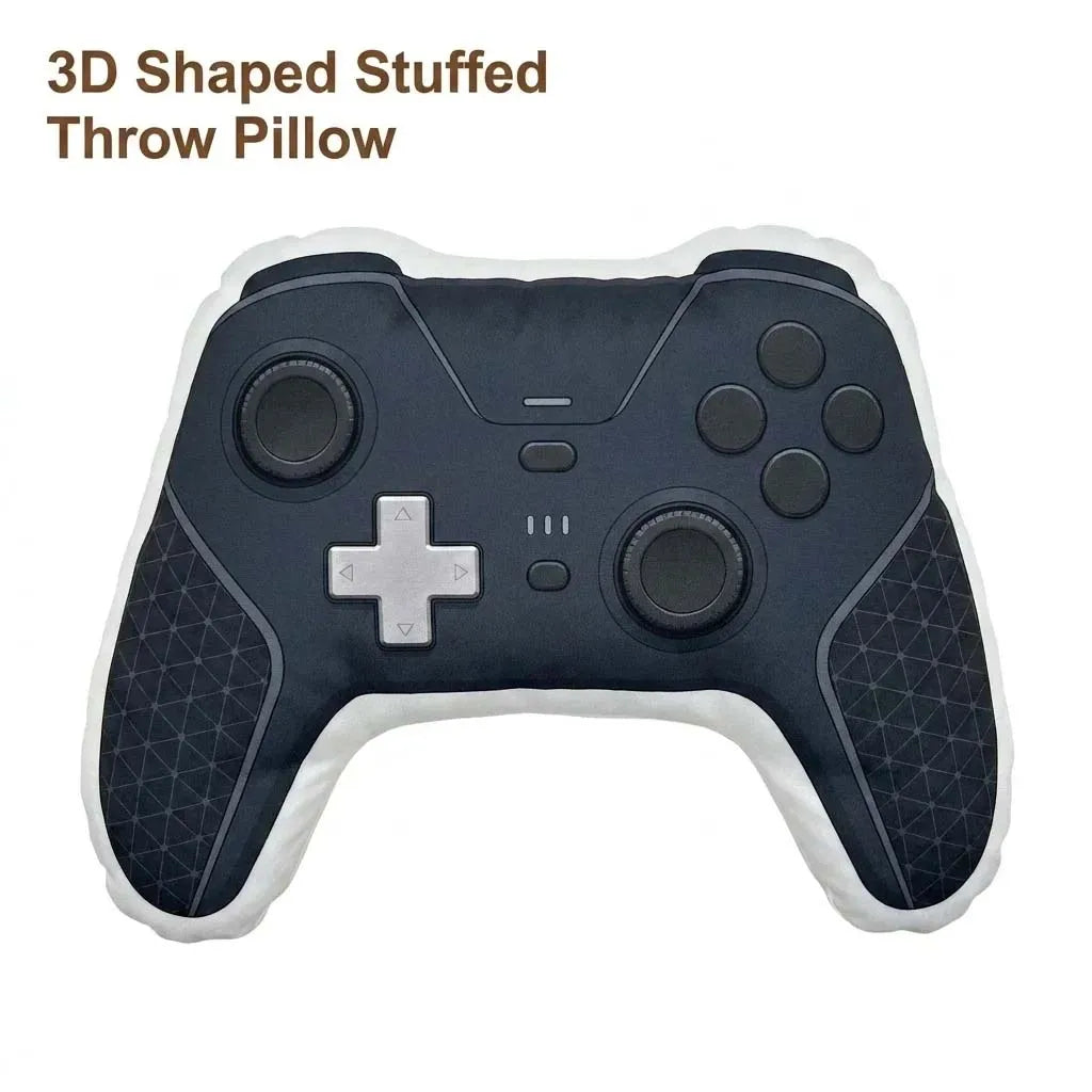 A dark blue 3D shaped stuffed throw pillow designed like a video game controller.