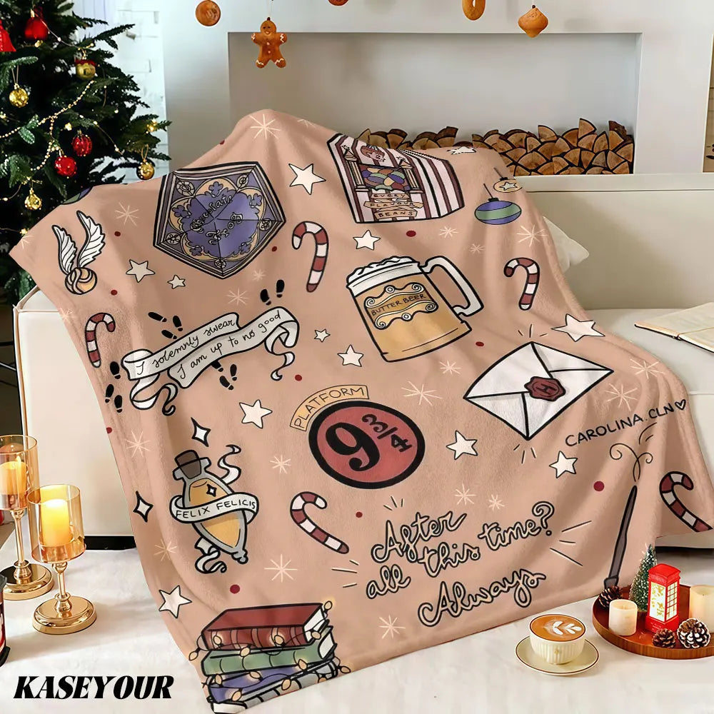 A beige flannel throw blanket featuring Christmas and winter-themed designs like candy canes and geometric shapes.