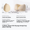 A beige U-shaped memory foam travel neck pillow with a cooling cover shown next to its dimensions.