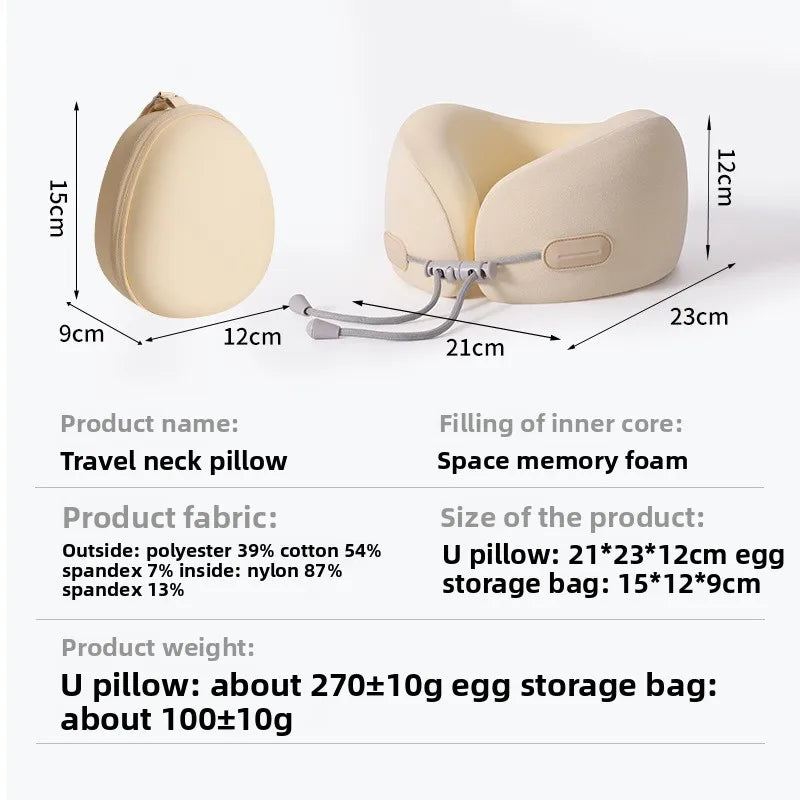 A beige U-shaped memory foam travel neck pillow with a cooling cover shown next to its dimensions.
