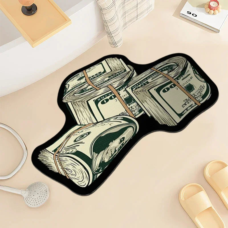 A black non-slip area rug featuring an irregular design printed with US dollar bills.