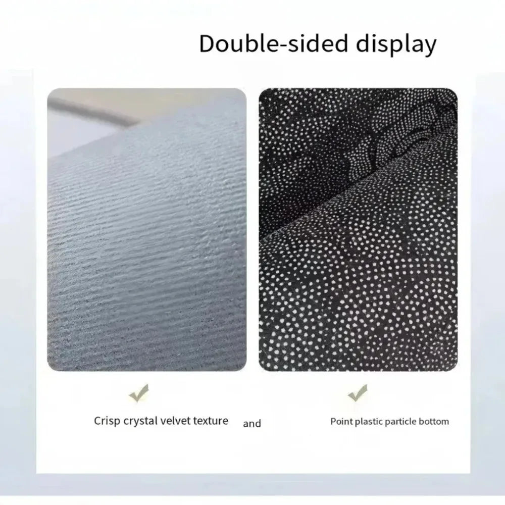Double-sided display showing a smooth gray velvet texture and a black point plastic particle bottom for a doormat