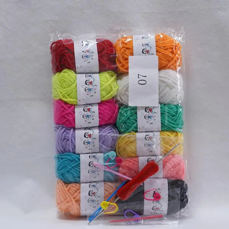 A collection of 12 colored milk cotton yarn skeins packaged for a crochet kit.
