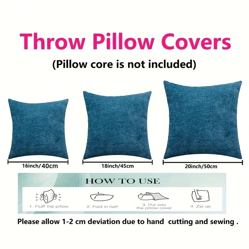 Set of dark blue throw pillow covers for decorative pillows, with dimensions listed.