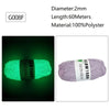 Green glow-in-the-dark polyester yarn labeled G008F with a purple yarn shown next to it.