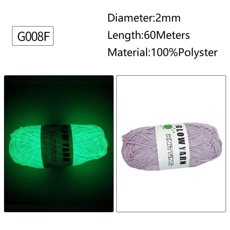 Green glow-in-the-dark polyester yarn labeled G008F with a purple yarn shown next to it.