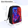 A black canvas backpack featuring a vibrant graphic of a man with electric blue and red lightning effects.