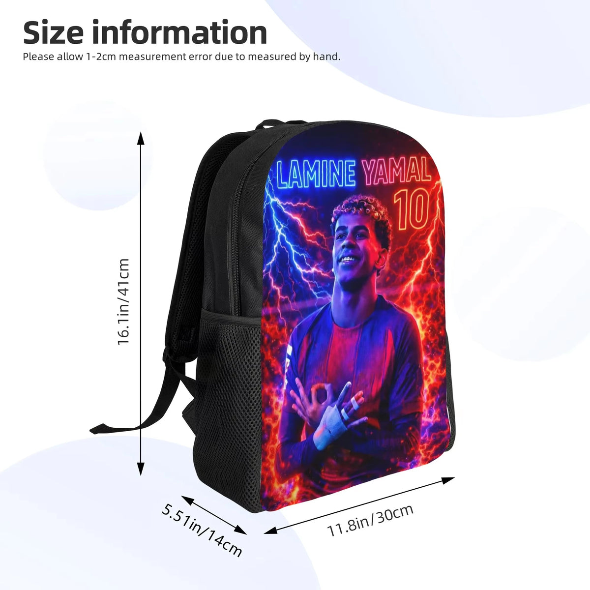 A black canvas backpack featuring a vibrant graphic of a man with electric blue and red lightning effects.