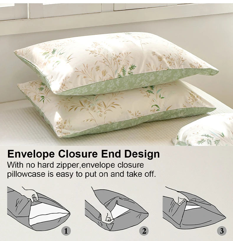 A set of pillowcases featuring an envelope closure design in a light cream color with green floral patterns.