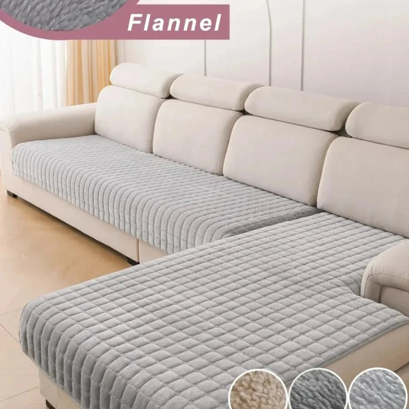 L-shaped corner flannel sofa cover in light gray and beige fabric