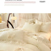 White princess chiffon duvet cover set with ruffled details displayed on a bed.