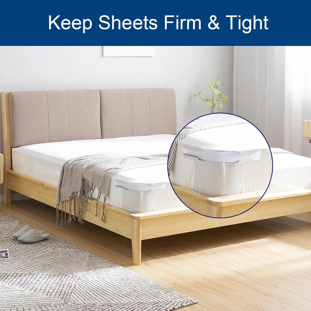 A close-up view of a bed with sheets secured by invisible corner tightener clips on the mattress.