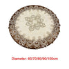 Round tablecloth with brown rim and cream lace trim, available in various diameters.