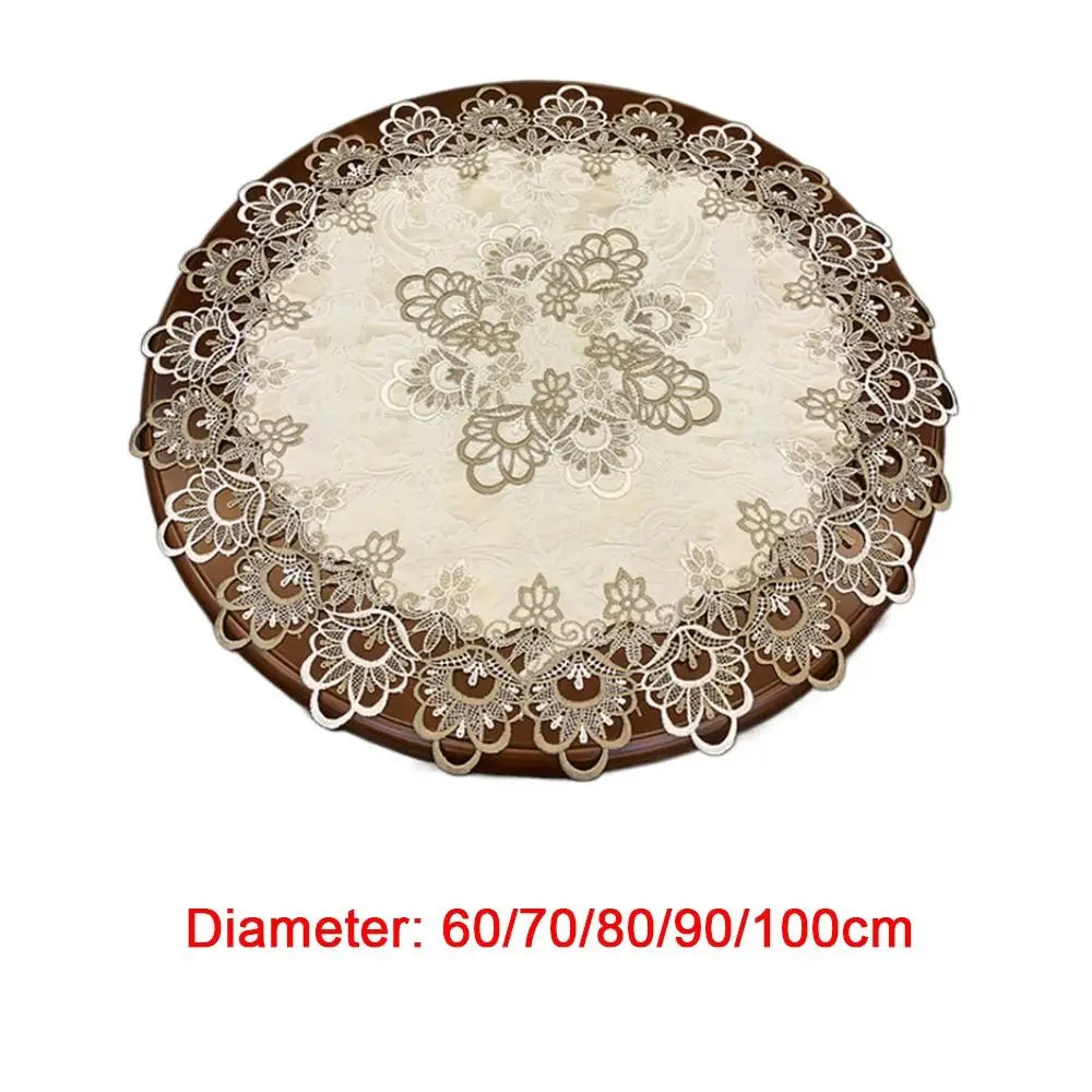 Round tablecloth with brown rim and cream lace trim, available in various diameters.
