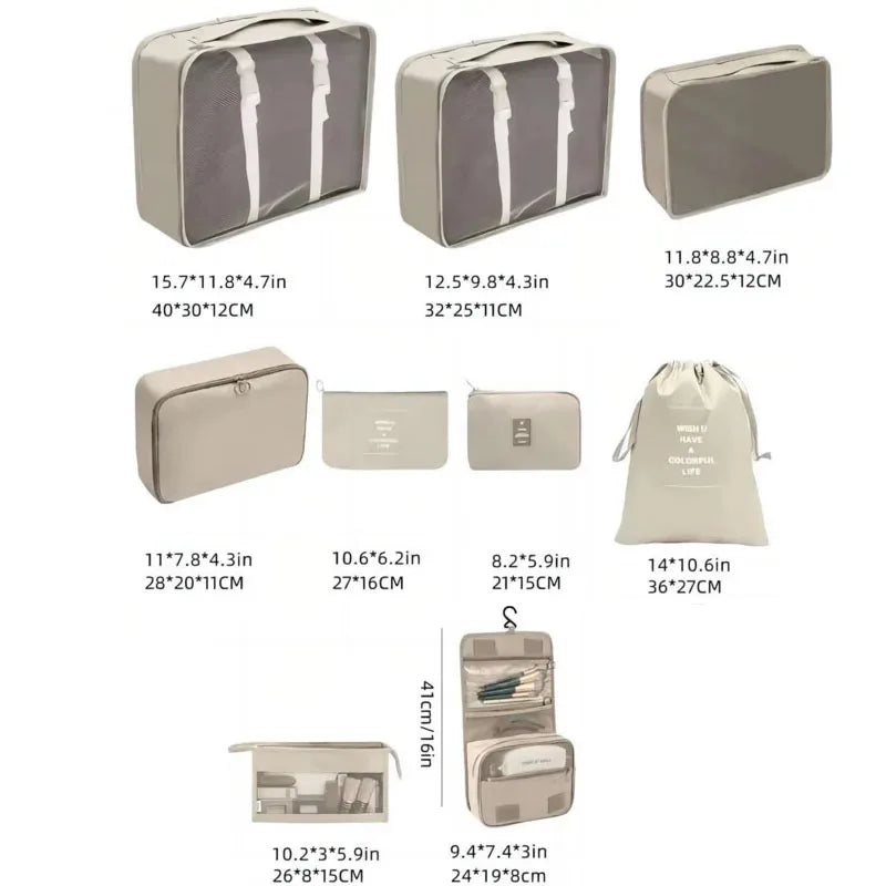 A set of 7 travel storage organizers in beige and gray tones, showing various sizes and compartments.