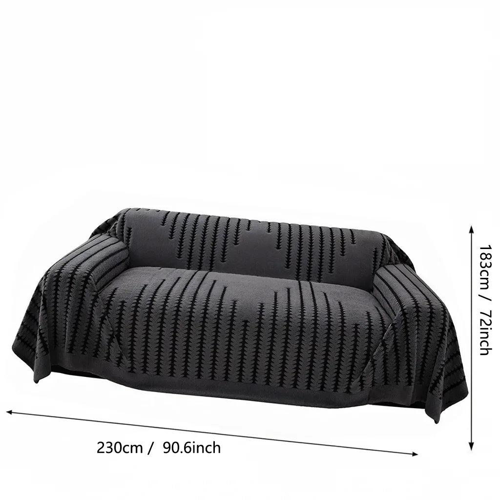 Black bohemian striped sofa cover shown flat with dimensions 230cm by 90.6inch