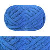 A close-up view of a bright blue hand-knitted wool finger line scarf with a textured, braided pattern.