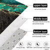 Cross-section diagram showing the layers of a non-slip cat print kitchen mat: upper, middle, and bottom layers.