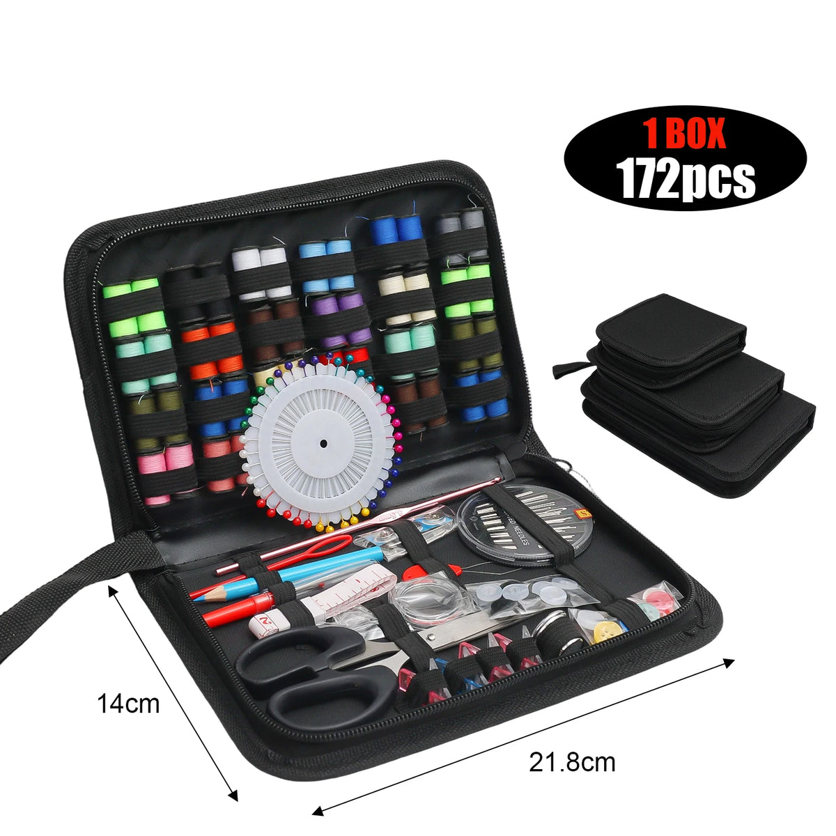 A black zippered case containing a multi-function sewing kit with various tools and needles.