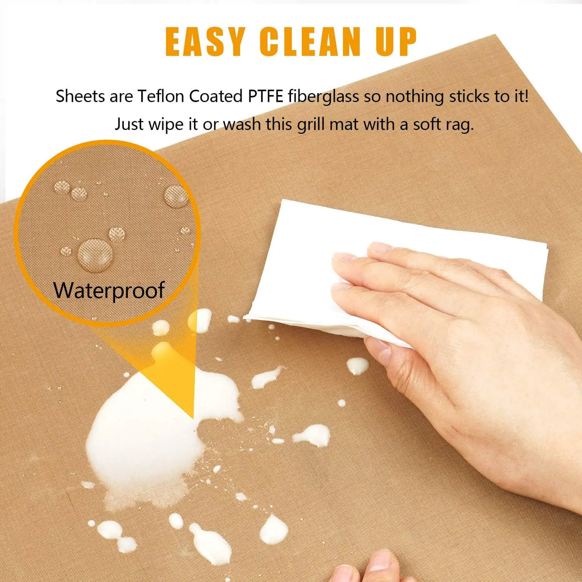 A hand wipes a waterproof PTFE fiberglass grill mat on brown paper, demonstrating easy clean up.