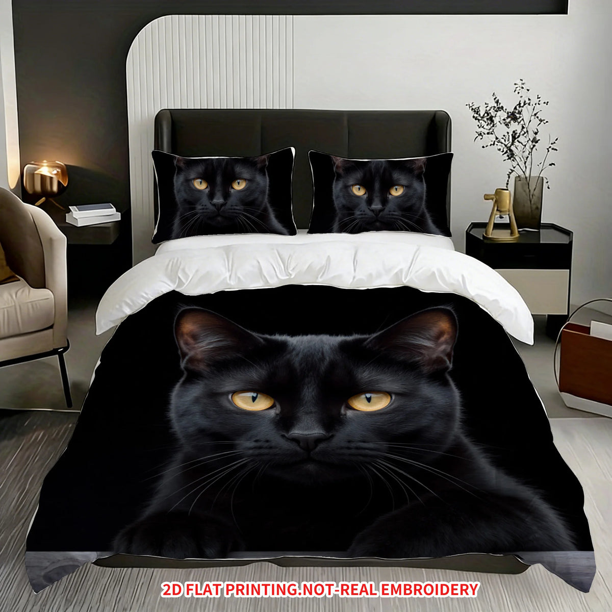 A black cat face design printed on a blanket or quilt cover.