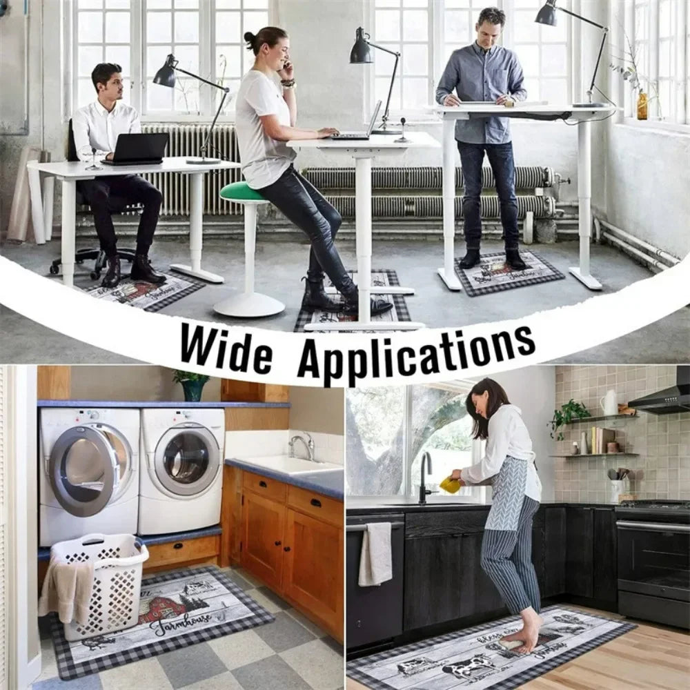 A kitchen floor mat with a checkered pattern is shown in a domestic setting.