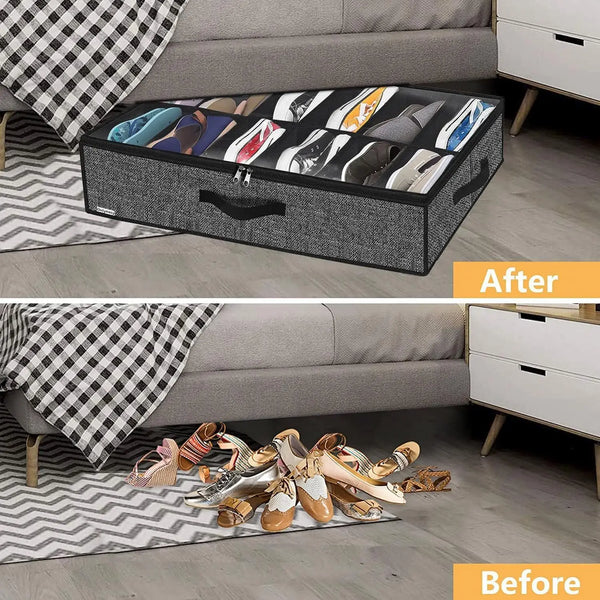 Before and after comparison of an under bed shoe storage organizer with various shoes.