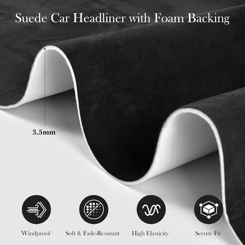 A close-up of a black suede car headliner fabric rolled to show its thickness and features like windproof, fade-resistant, el