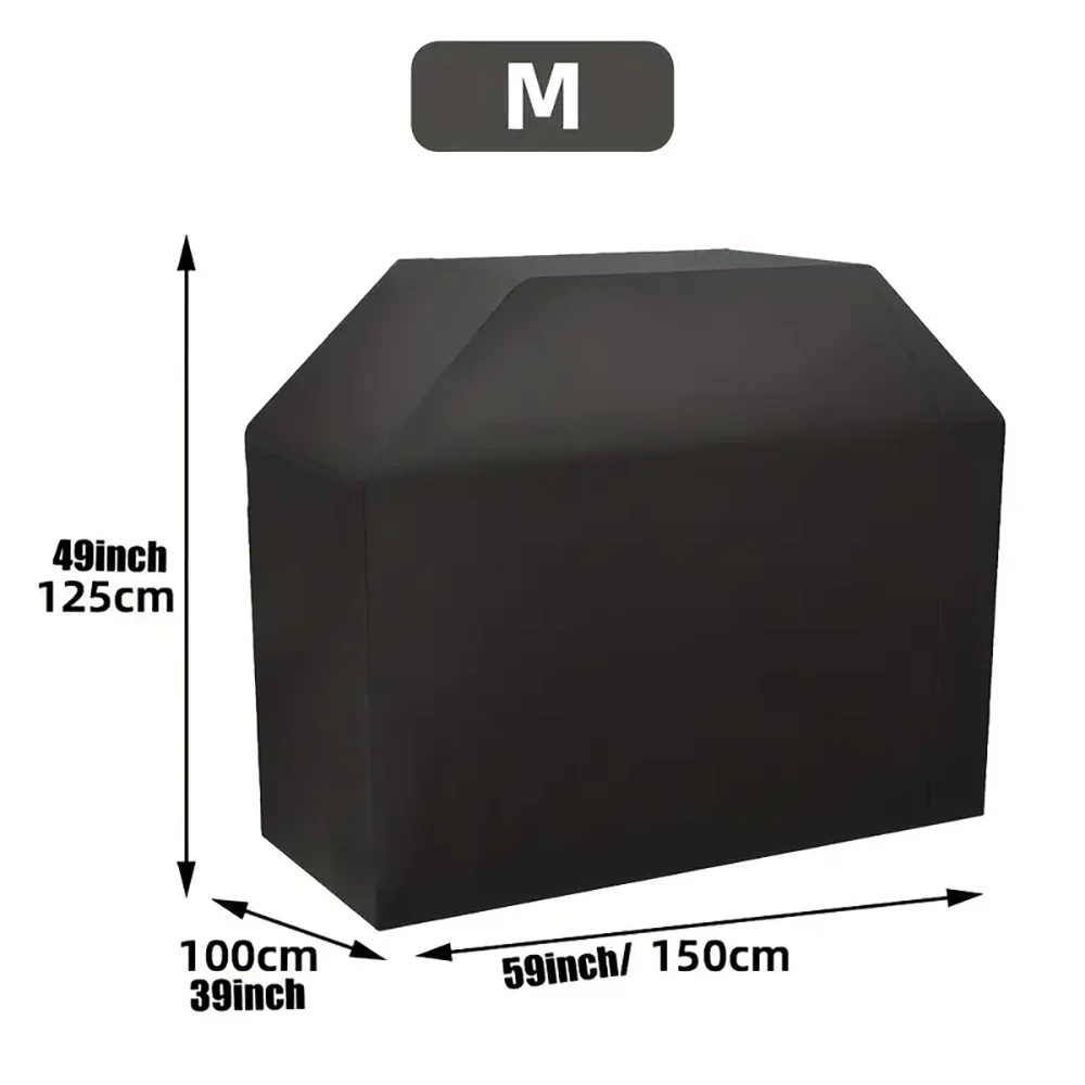 Black heavy-duty BBQ grill cover with dimensions 49 inches high by 100 cm long and 59 inches wide.