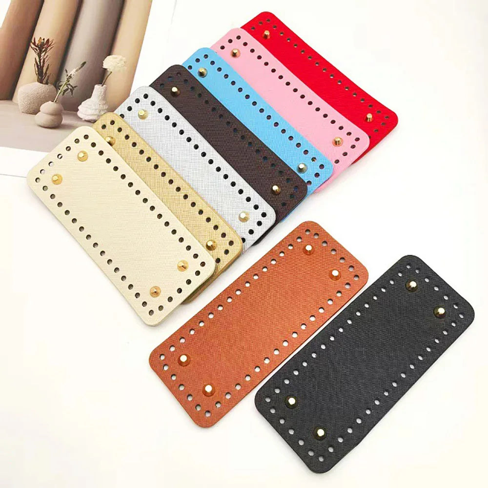 A set of four square woven bag hanging hooks in various colors including red, pink, blue, and beige.