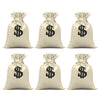 Three beige drawstring cotton gift bags featuring a black dollar sign design.