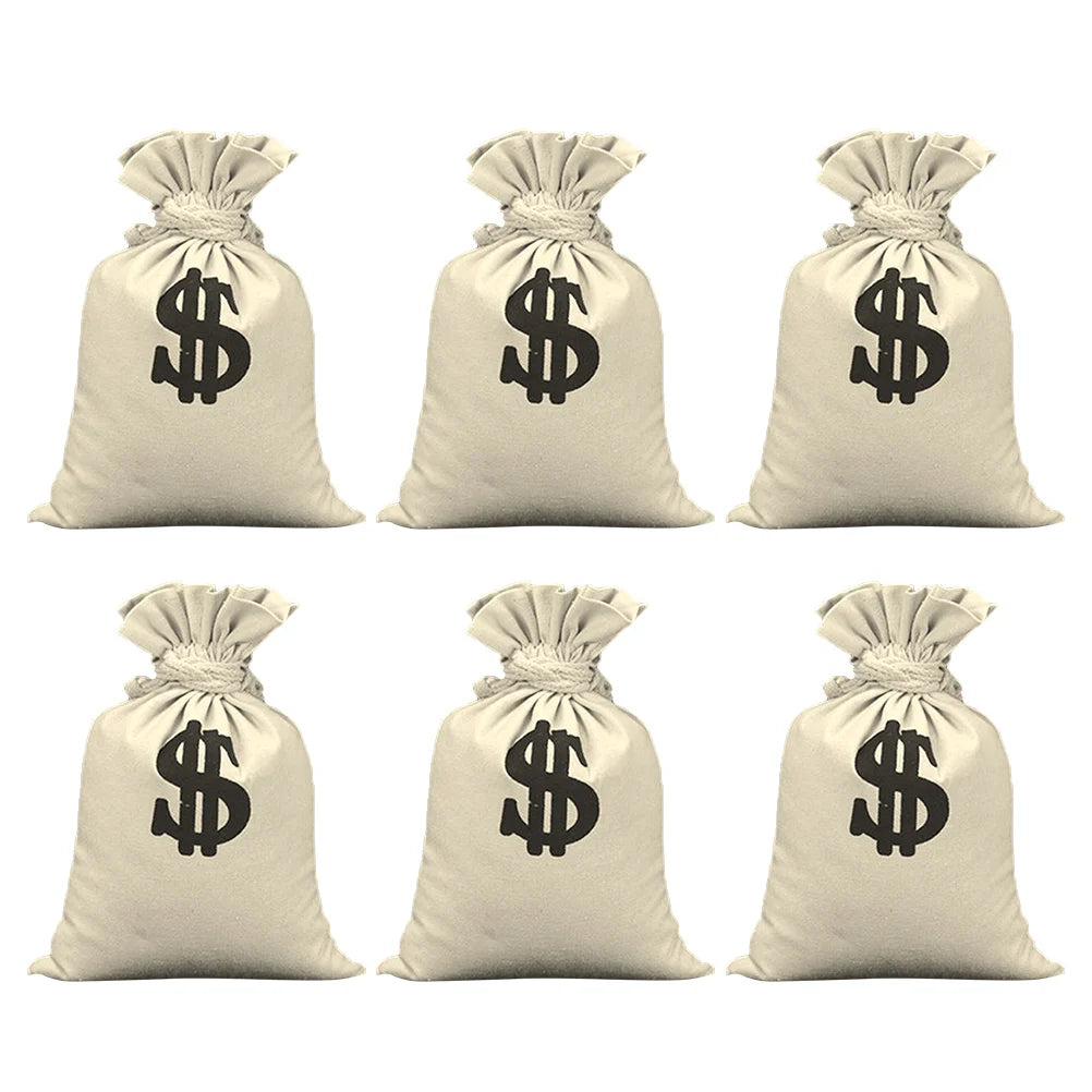 Three beige drawstring cotton gift bags featuring a black dollar sign design.